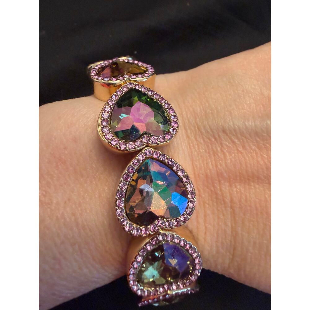 Crystal heart halo stretch cocktail bracelet gold-tone, purple faceted crystals - Picture 2 of 6
